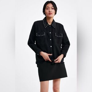 Zara Black Denim Shacket with Rhinestone studs